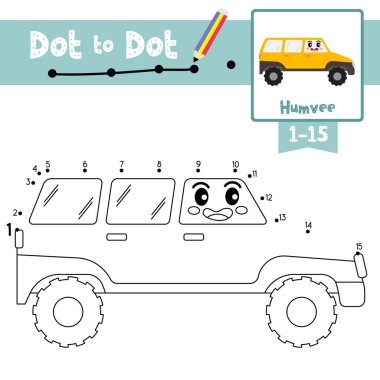 Anaokulu öğrencilerinin 1-15 'i saymayı ve el yazısı çalışmalarını öğrenme aktiviteleri için şirin Humvee karikatür taşımacılığının nokta nokta eğitim oyunu ve boyama kitabı. Vektör İllüstrasyonu.