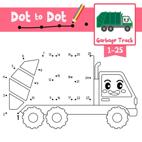 Dot Dot Lernspiel Und Malbuch Der Niedlichen Müllwagen Cartoon Transporte — Stockvektor