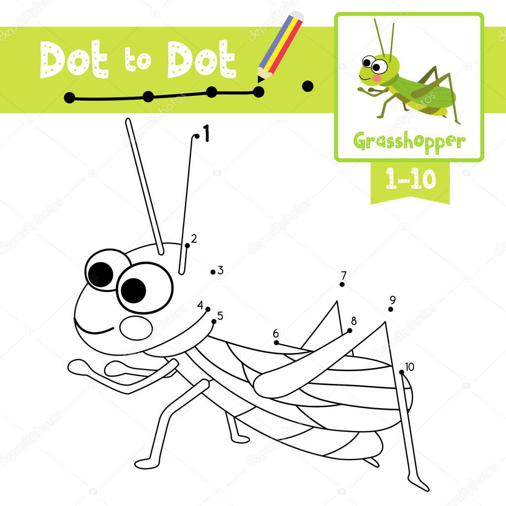 Dot to dot educational game and Coloring book of Grasshopper animals cartoon character for preschool kids activity about learning counting number 1-10 and handwriting practice worksheet. Vector Illustration.