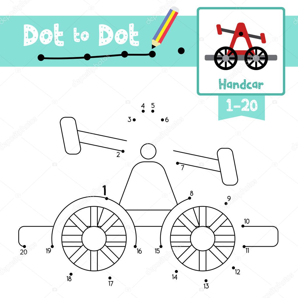 Dot to dot educational game and Coloring book of cute Handcar cartoon transportations for preschool kids activity about learning counting number 1-20 and handwriting practice worksheet. Vector Illustration.