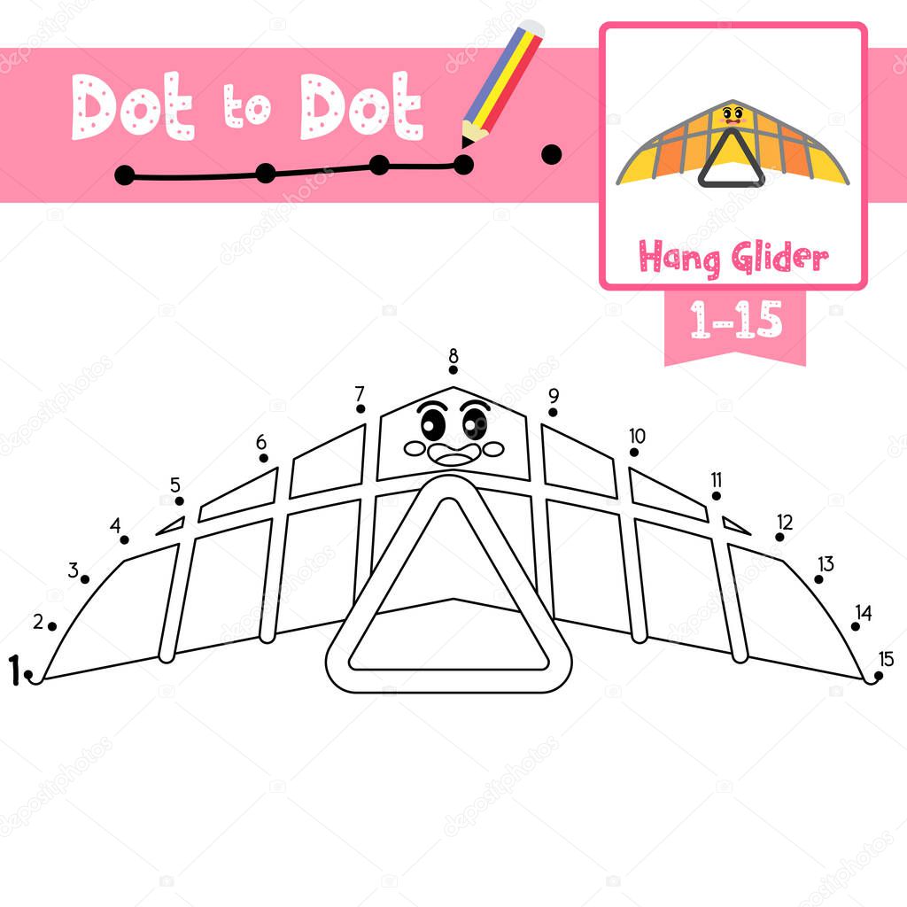 Dot to dot educational game and Coloring book of cute Hang Glider cartoon transportations for preschool kids activity about learning counting number 1-15 and handwriting practice worksheet. Vector Illustration.
