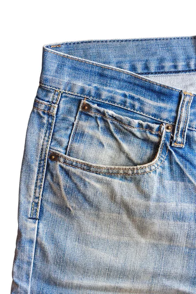 Niebieskie jeansy z kieszeni i przycisk na białym tle — Zdjęcie stockowe
