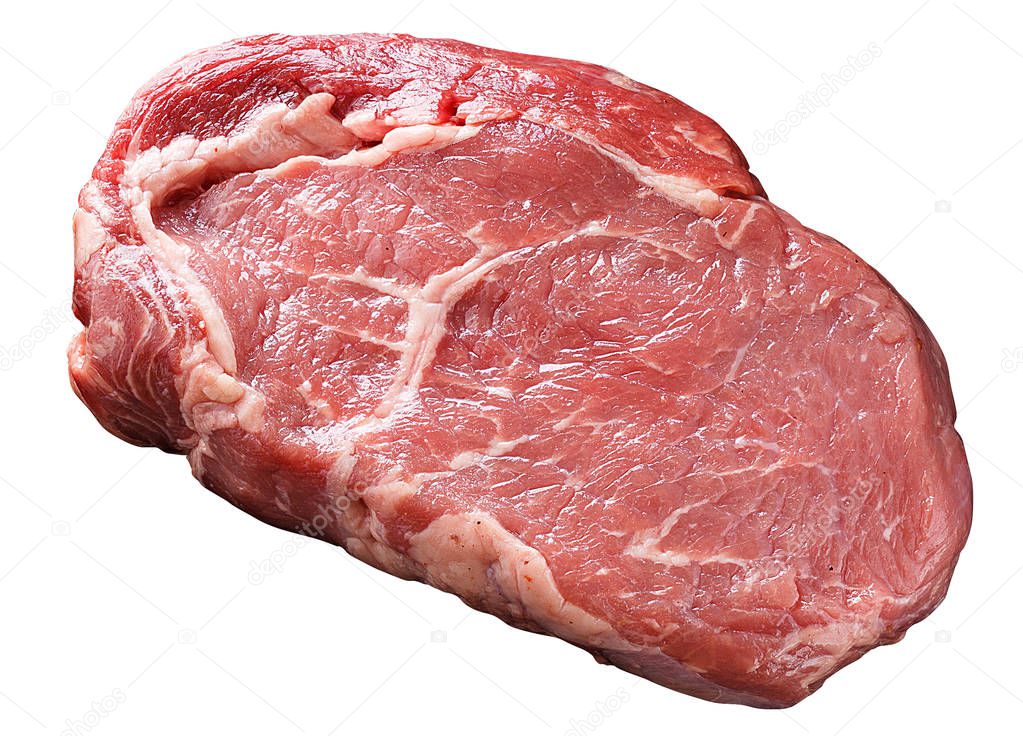 closeup view of raw red meat piece on white background