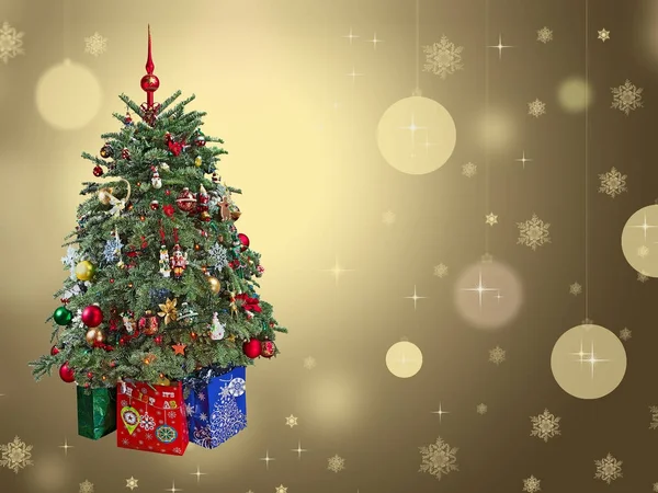 Kerstboom met versieringen op gouden achtergrond. — Stockfoto