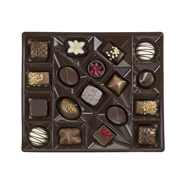 Box of chocolates on white background. High-angle shot.