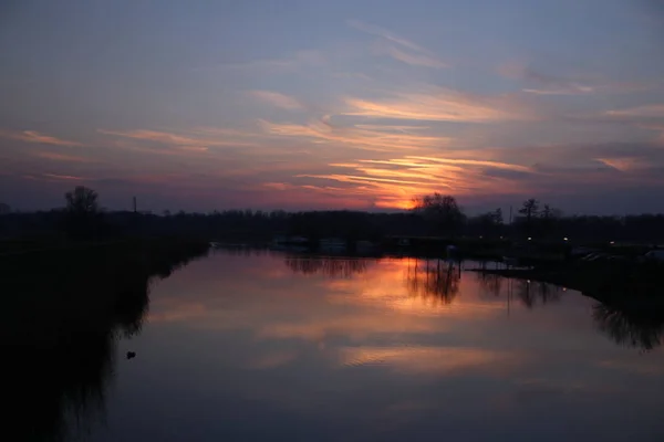 Coucher Soleil Sur Rivière Rotte Zevenhuizen Près Rotterdam Avec Réflexion — Photo