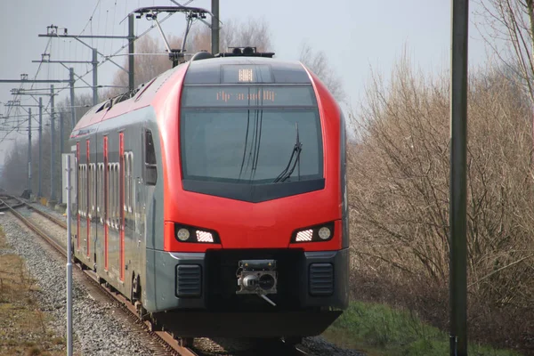 Treno Locale Rosso Nero Pendolare Sta Arrivando Alla Stazione Waddinxveen — Foto Stock