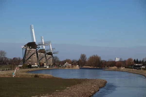 三风车在一排在水池保持 Driemanspolder 干燥在 Stompwijk — 图库照片