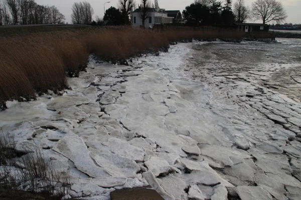 Lód Rzece Hollandse Ijssel Nieuwerkerk Aan Den Ijssel Płatków Zimą — Zdjęcie stockowe