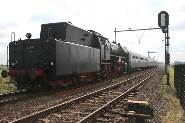 Vieille Locomotive Vapeur Circulant Sur Voie Nieuwerkerk Aan Den Ijssel — Photo