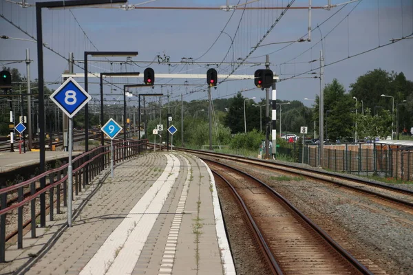 Gouda Tren Stasyonu Ndaki Rotterdam Giden Tren Yolunun Üstündeki Kırmızı — Stok fotoğraf