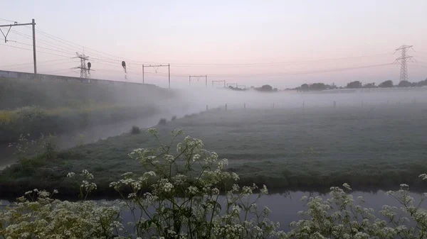 Sunrise Morning Fog Meadows Ditches Groene Zoom Nieuwerkerk Aan Den — Stock Photo, Image