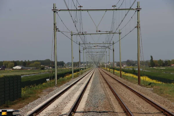 Podwójny Tor Kolejowy Między Gouda Rotterdam Moordrecht Zuidplaspolder Najniższym Obszarze — Zdjęcie stockowe