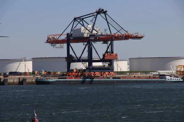 Inland Freigt Ship Salamanca Get Loaded Maasvlakte Harbor Netherlands — Stock Photo, Image