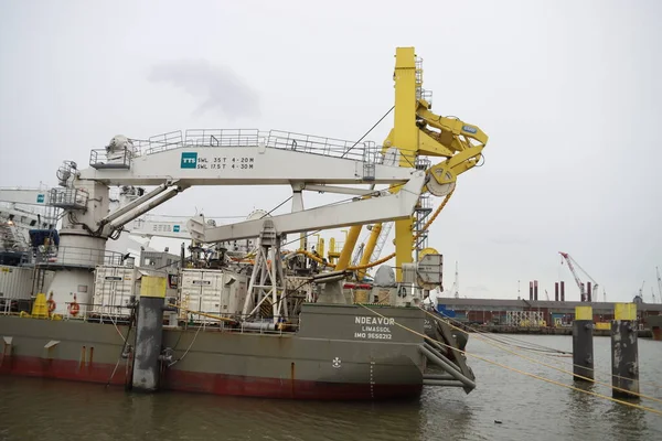 鹿特丹港瓦尔哈港码头的博斯卡利斯号电缆船 名为Ndeavor号和Boka Vinci号 — 图库照片