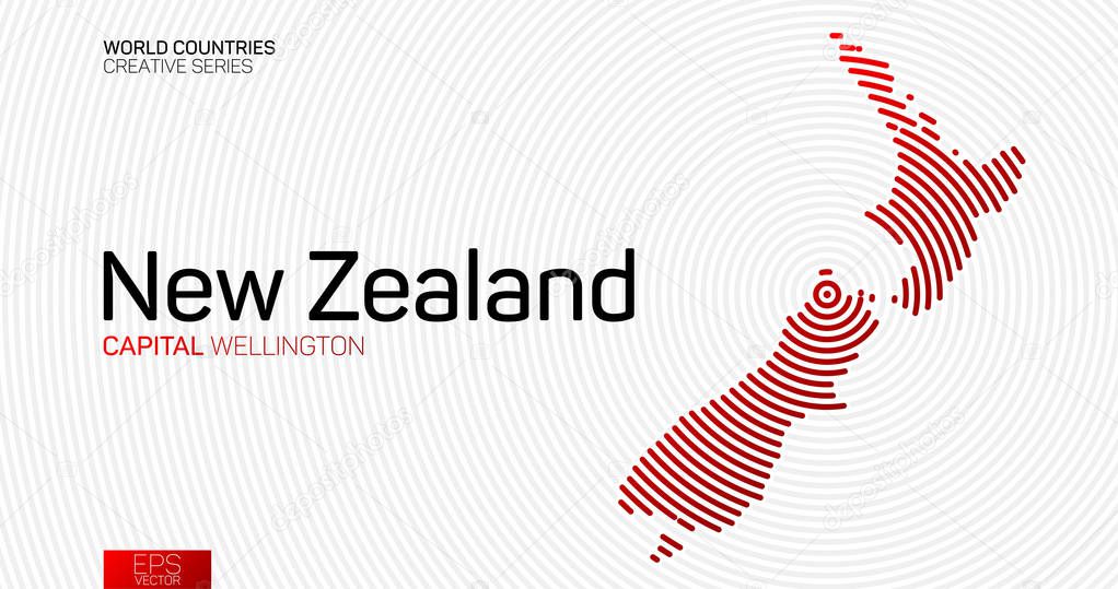 Abstract map of New Zealand with red circle lines