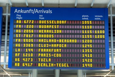 Almanca ve İngilizce havaalanında gelenler ile mavi ekran