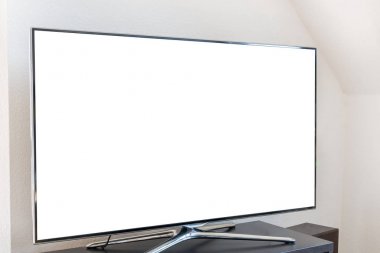 Oturma odasında bir ahşap stand boş beyaz Tv ekranında