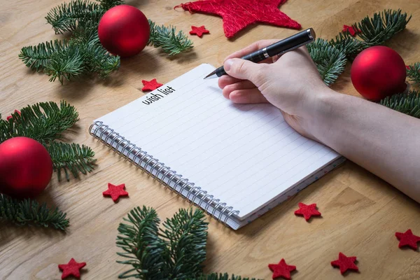 Writing on an empty notepad with Christmas decorations and fir b — Stock Photo, Image