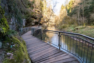 Güneşli bir günde Schwarzachklamm vadisinde metal korkulukları olan tahta kalaslar.