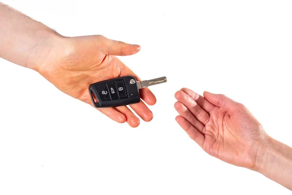Человек Передает Ключи Машины Изолированы Белом Фоне — стоковое фото