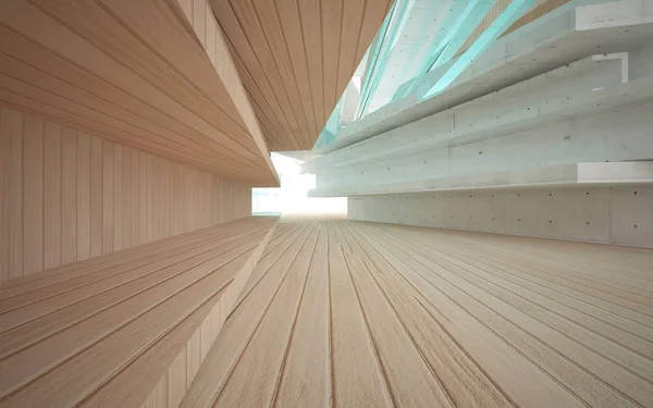 Abstraktní interiér ze dřeva, skla a betonu. — Stock fotografie