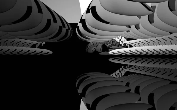 Черный интерьер с белыми гладкими объектами — стоковое фото