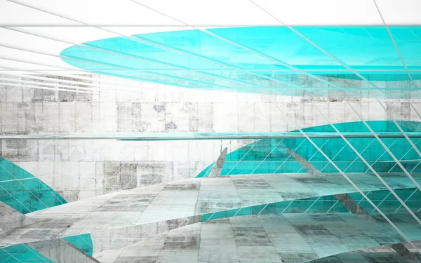 抽象的なガラスを空にターコイズとコンクリートの滑らかなインテリア — ストック写真