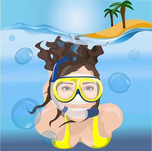 女の子を泳ぐ青い水の中のマスク — ストックベクタ
