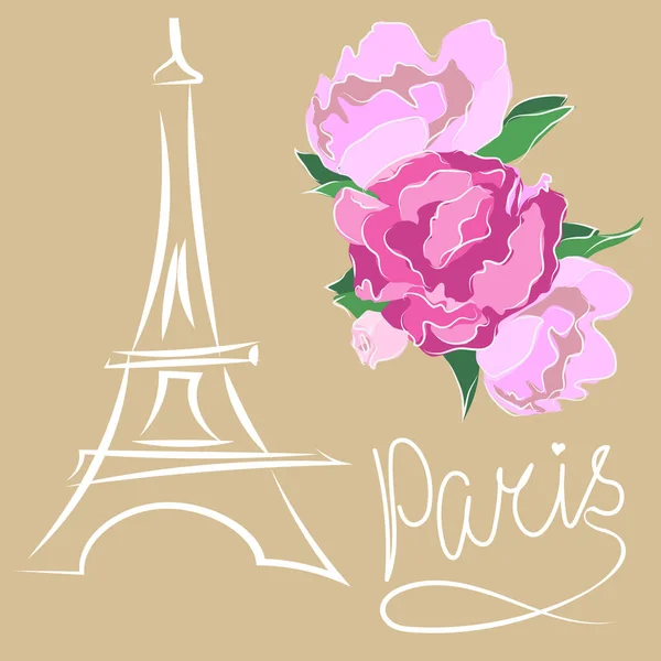 Парижский текст с Эйфелевой башней и цветами. Векторная иллюстрация . — стоковый вектор