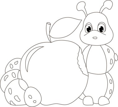 apple ile Caterpillar solucan. Komik bebek illüstrasyon. Beyaz arka plan üzerinde izole. Boyama kitabı. Renklendirme