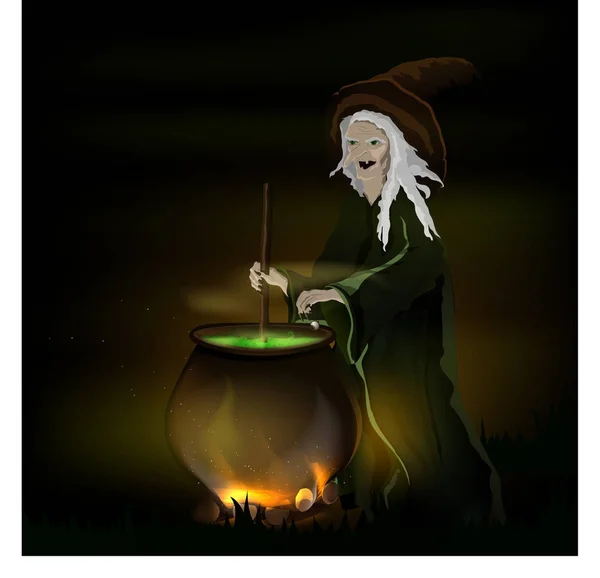 Häxa kockar en potion i en kruka på Halloween — Stock vektor
