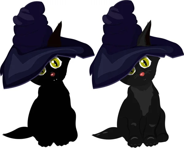 Czarny kot w kapelusz czarownicy na białym tle Ilustracje Stockowe bez tantiem