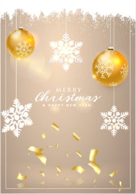 Happy new year ve Noel. Topları ve kar taneleri ile Noel kartı. Vektör çizim