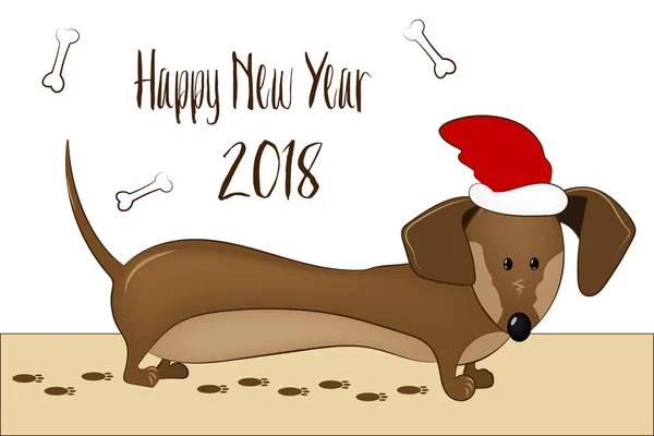 Happy 2018 New Year card. Funny dachshund dog congratulates on the holiday. — Stock Vector