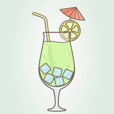 kokteyl bir dilim limon şemsiye ve saman ile bir bardak. Düz vektör