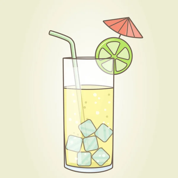 Un bicchiere con una fetta cocktail di limone con ombrello e paglia. Vettore piatto — Vettoriale Stock