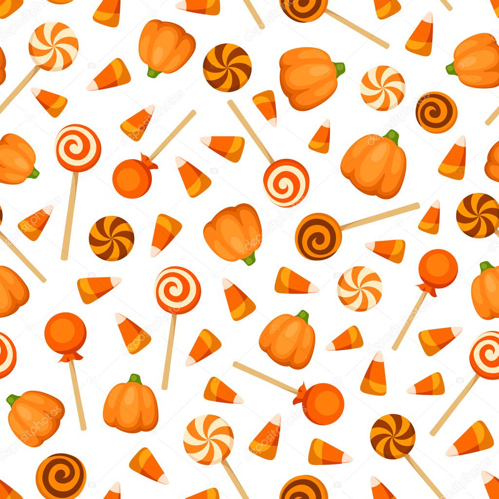 Seamless background with orange Halloween candies. Vector illustration.