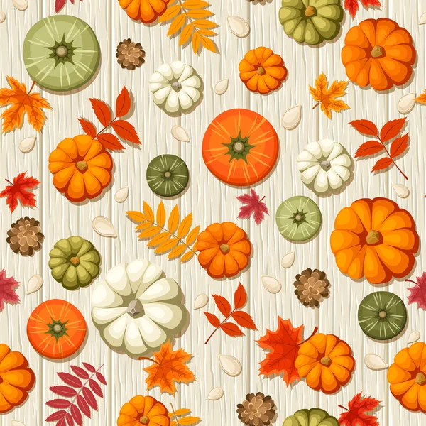 Patrón sin costuras con calabazas y hojas de otoño sobre un fondo de madera. Ilustración vectorial . — Archivo Imágenes Vectoriales