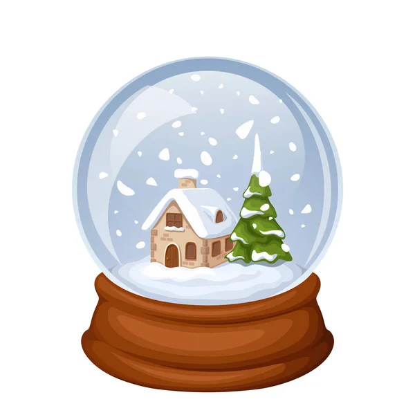 Glas Christmas snow globe med hus och fir tree. Vektor illustration. — Stock vektor