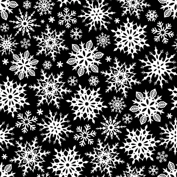 Modèle sans couture avec des flocons de neige de Noël blancs sur noir. Illustration vectorielle . — Image vectorielle