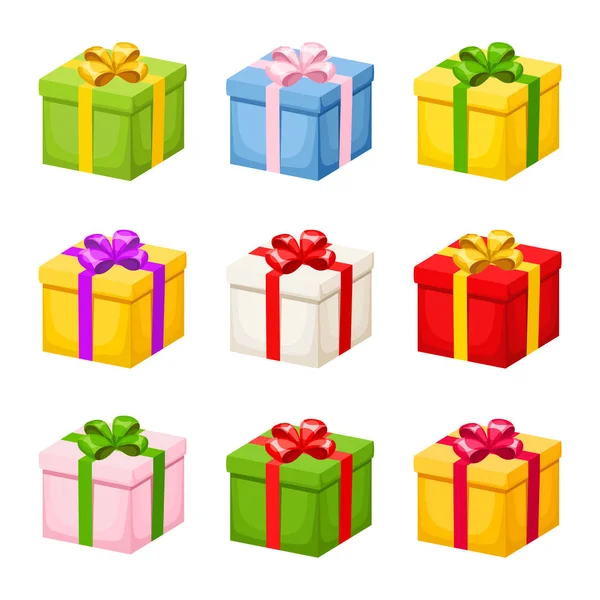 Conjunto de coloridas cajas de regalo con arcos. Ilustración vectorial . — Vector de stock