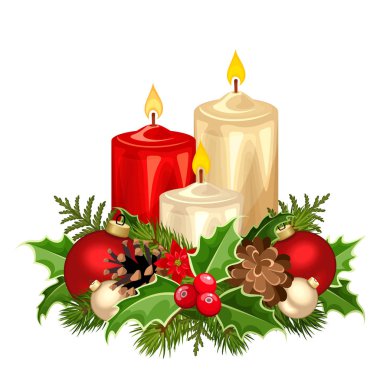 Kırmızı ve beyaz Noel mumlar. Vektör çizim.