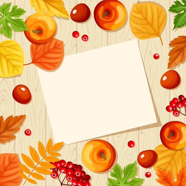 Paper card and colorful autumn leaves and apples on a wooden background. Vector illustration. — Stock Vector