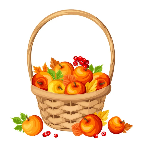 Cesta con coloridas manzanas y hojas de otoño. Ilustración vectorial . — Vector de stock