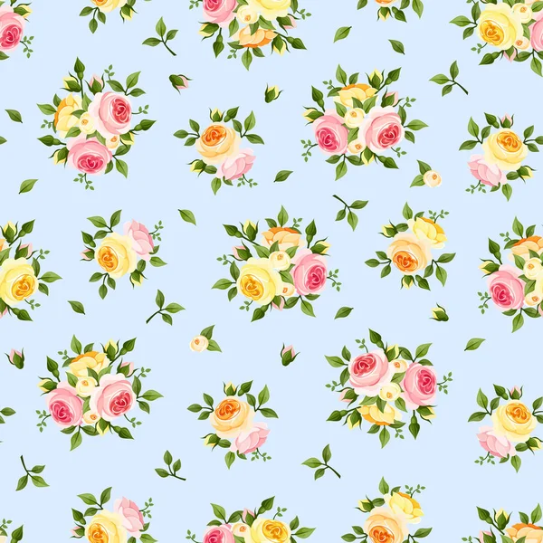 Seamless pattern with pink, orange and yellow roses on blue. Vector illustration. — Stock Vector