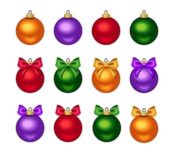 Set of colorful Christmas balls with bows. Vector illustration. — Stock Vector