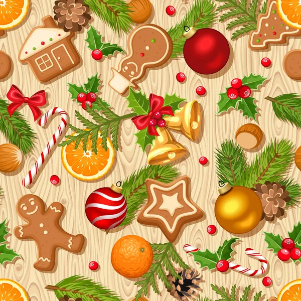 Різдвяний безшовний фон з ялинковими гілками, голлі, кульками та печивом на дерев'яному фоні . — стоковий вектор