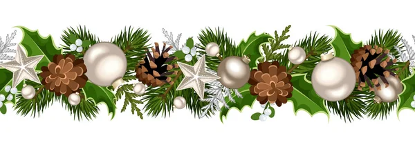Рождественская бесшовная гирлянда с еловыми ветвями, серебряными шариками, падубовыми листьями, шишками и омелой. Векторная иллюстрация . — стоковый вектор