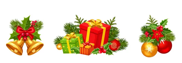 Decoraciones navideñas con bolas, campanas y cajas de regalo. Ilustración vectorial . — Archivo Imágenes Vectoriales